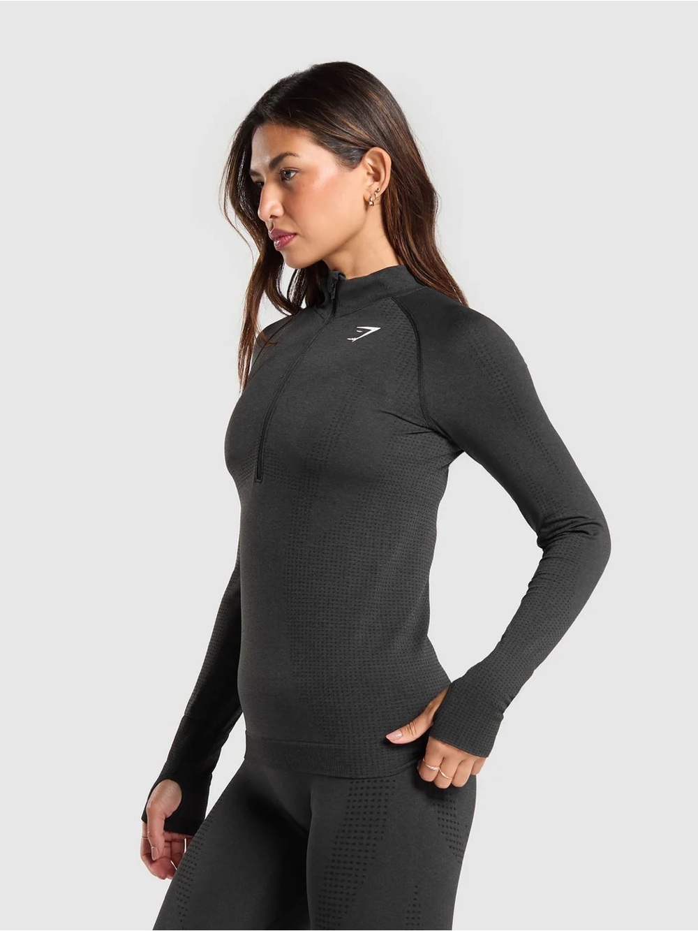 Gymshark Vital Seamless Half-Zip Long Sleeve Pullover Top - Black Marl - Medium